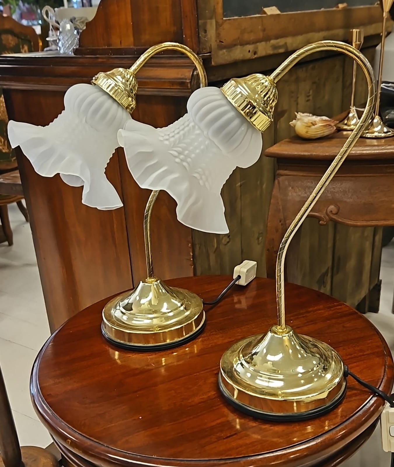 The main photo for Goose neck  brass lily lamps with frosted shades with ruffled edges