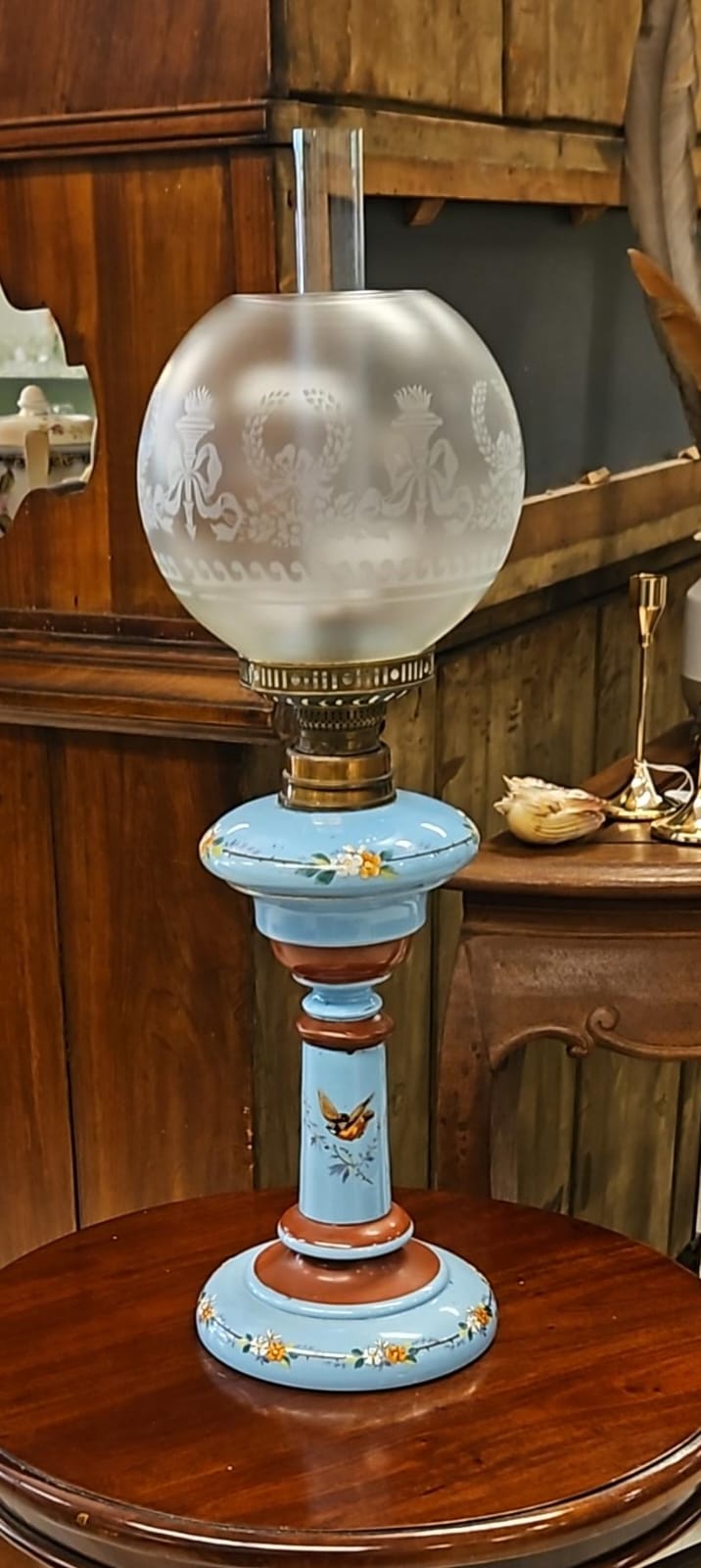 The main photo for Victorian Blue opaline glass hand painted oil lamp