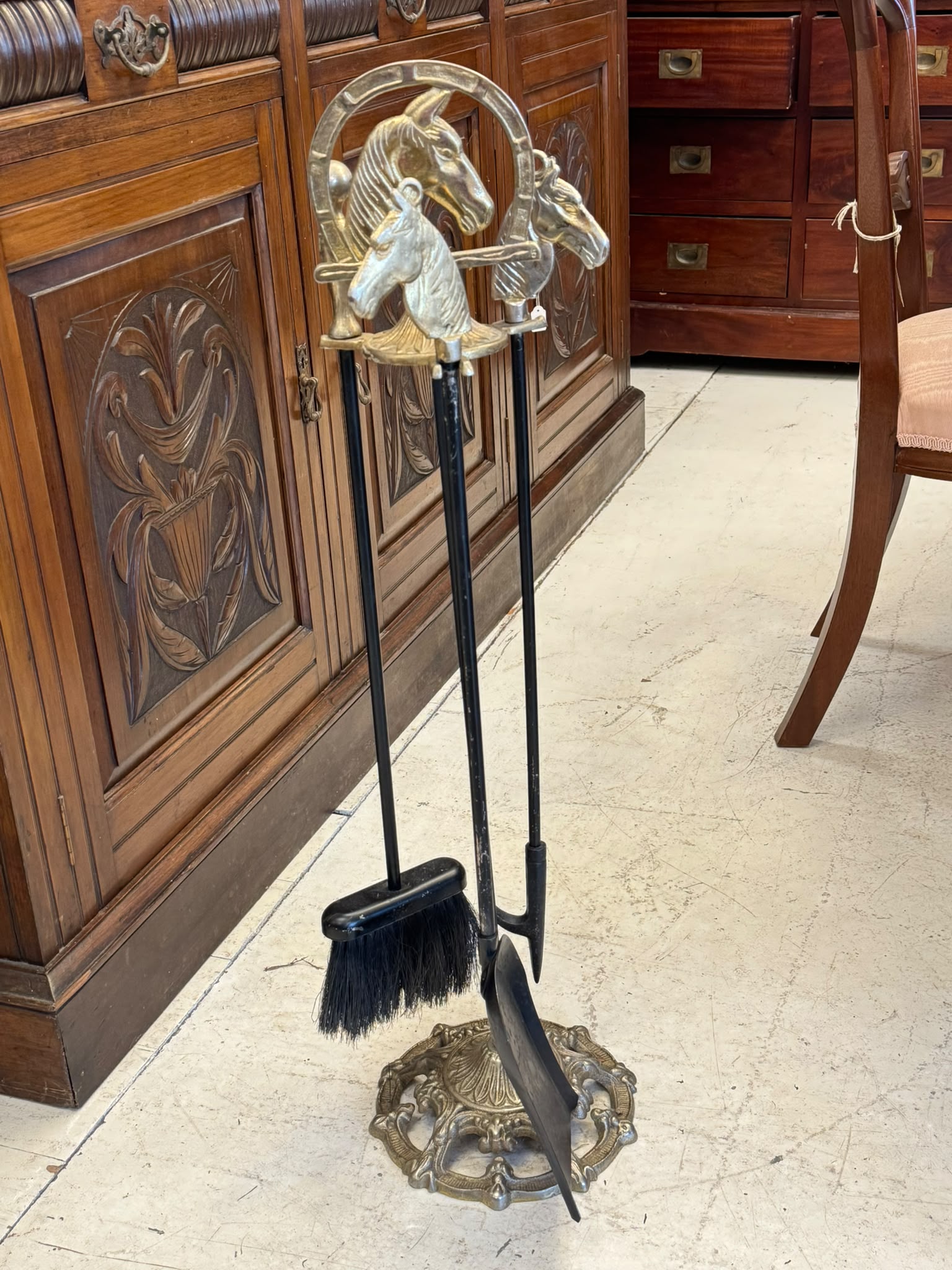 The main photo for Solid brass fireplace tools with horsehead handles & stand