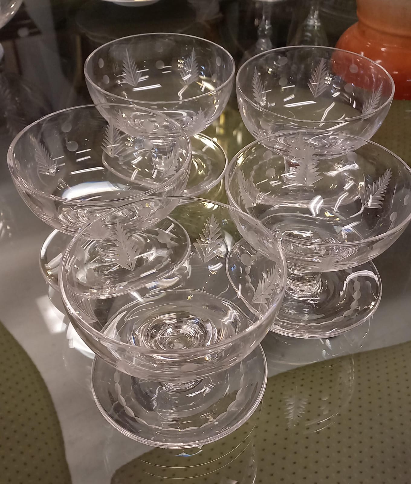 The main photo for Stuart Crystal Etched Gooted Sundae Dishes  Set of 5